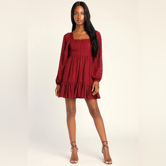 Only You and I Burgundy Long Sleeve Tie-Back Mini Skater Dress - Picture 1 of 7